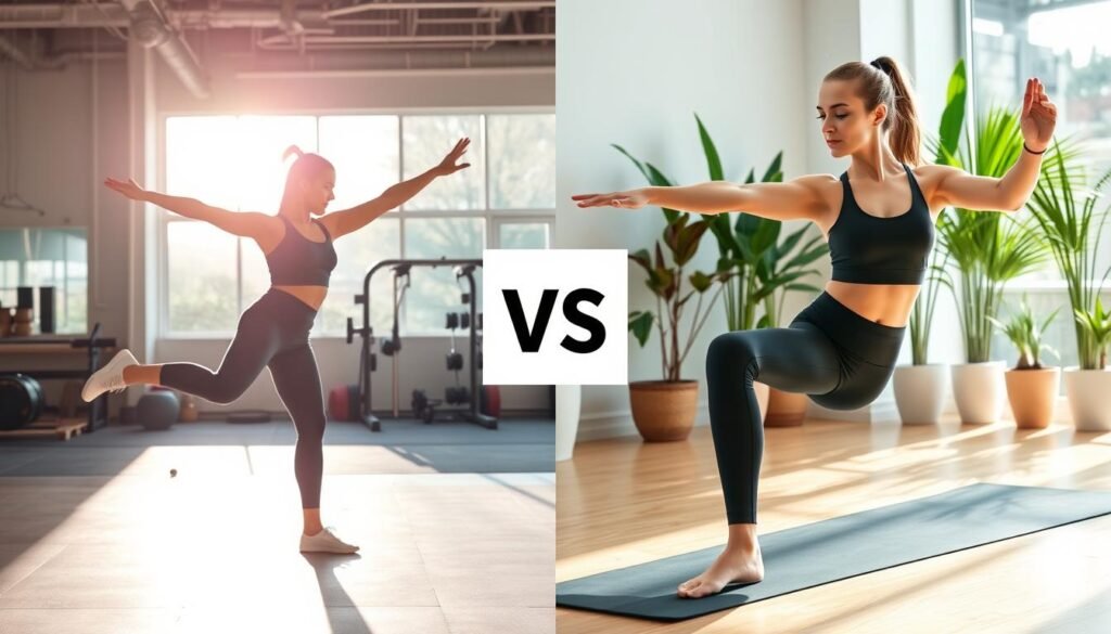 A split image illustrating the contrast between dynamic and static stretching. On the left, a person in modest athletic wear performs dynamic stretching—lively movements, arms swinging, and legs kicking forward, set in a bright, sunlit gym environment to convey energy and motion. On the right, another individual, also in modest athletic attire, engages in static stretching—gently holding a pose to elongate muscles, with a serene, focused expression, surrounded by calming indoor plants and soft, ambient light for a peaceful atmosphere. The background blends seamlessly from an active gym on one side to a tranquil yoga studio on the other. This image visually captures the essence of "dynamic vs. static stretching," perfectly suited for an article by treningdnia.pl. A split image illustrating the contrast between dynamic and static stretching. On the left, a person in modest athletic wear performs dynamic stretching—lively movements, arms swinging, and legs kicking forward, set in a bright, sunlit gym environment to convey energy and motion. On the right, another individual, also in modest athletic attire, engages in static stretching—gently holding a pose to elongate muscles, with a serene, focused expression, surrounded by calming indoor plants and soft, ambient light for a peaceful atmosphere. The background blends seamlessly from an active gym on one side to a tranquil yoga studio on the other. This image visually captures the essence of "dynamic vs. static stretching," perfectly suited for an article by treningdnia.pl.