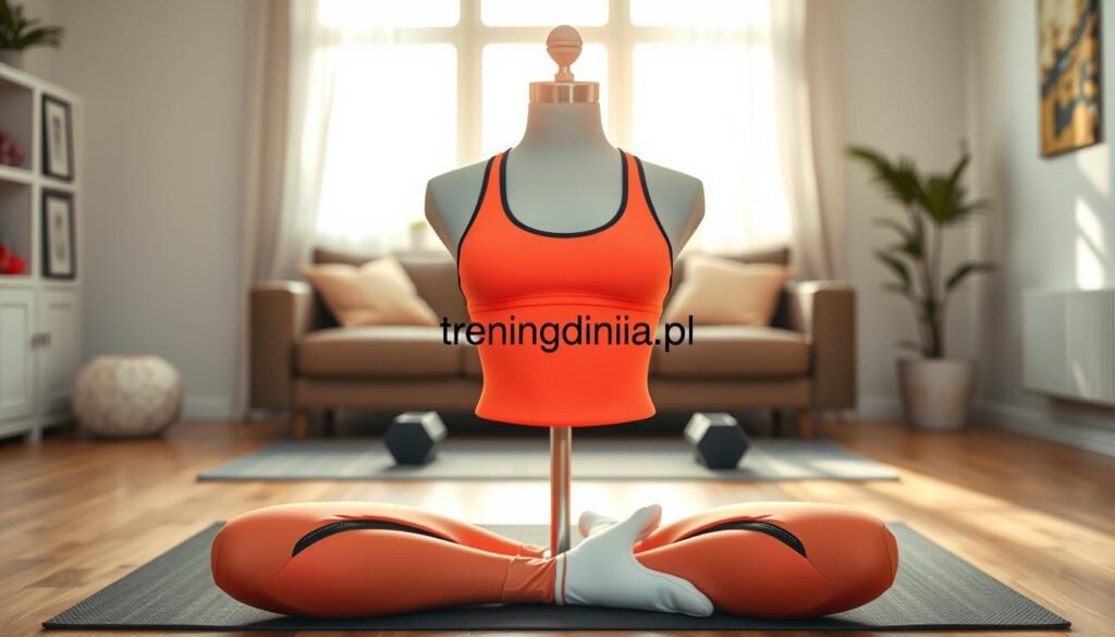 A stylish and modern sports outfit displayed prominently in the foreground, featuring a well-fitted athletic top and matching leggings, both in vibrant colors that convey energy and motivation. The outfit should be placed on a mannequin or laid out neatly on a gym mat to highlight its appeal. In the middle, include an exercise setup with dumbbells and a yoga mat, subtly implying readiness for home workouts. The background should feature a well-lit living room atmosphere with soft natural light streaming in from a window, creating an inviting, warm ambiance. The composition should evoke a sense of confidence and determination, portraying how the right sports attire can enhance self-esteem for exercising at home. Include the branding "treningdnia.pl" subtly integrated into the scene.