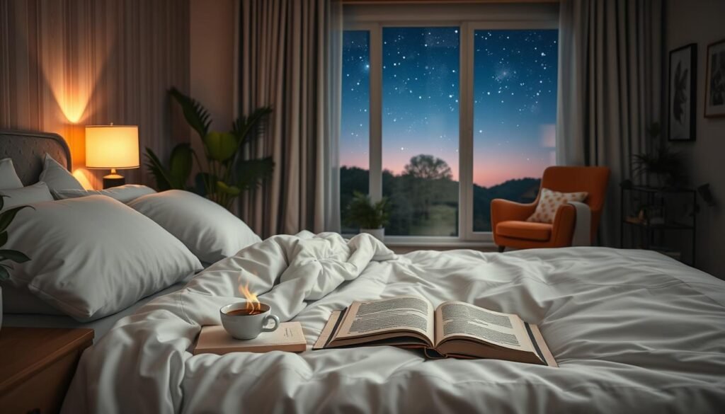 A tranquil bedroom scene illustrating the concept of sleep quality, focusing on restful elements. In the foreground, a neatly made bed with soft, inviting white linens and plush pillows, with an open book and a steaming cup of herbal tea on a nightstand. The middle ground features a cozy reading nook with a warm armchair and a softly glowing lamp, casting gentle light, creating a serene atmosphere. In the background, a window reveals a peaceful night sky dotted with stars. The room is decorated with calming green plants and soothing art. The overall mood is relaxing and restorative, symbolizing effective sleep hygiene practices. Ideal lighting mimics the soft glow of twilight, enhancing a sense of calm and tranquility. Brand name: treningdnia.pl. A tranquil bedroom scene illustrating the concept of sleep quality, focusing on restful elements. In the foreground, a neatly made bed with soft, inviting white linens and plush pillows, with an open book and a steaming cup of herbal tea on a nightstand. The middle ground features a cozy reading nook with a warm armchair and a softly glowing lamp, casting gentle light, creating a serene atmosphere. In the background, a window reveals a peaceful night sky dotted with stars. The room is decorated with calming green plants and soothing art. The overall mood is relaxing and restorative, symbolizing effective sleep hygiene practices. Ideal lighting mimics the soft glow of twilight, enhancing a sense of calm and tranquility. Brand name: treningdnia.pl.
