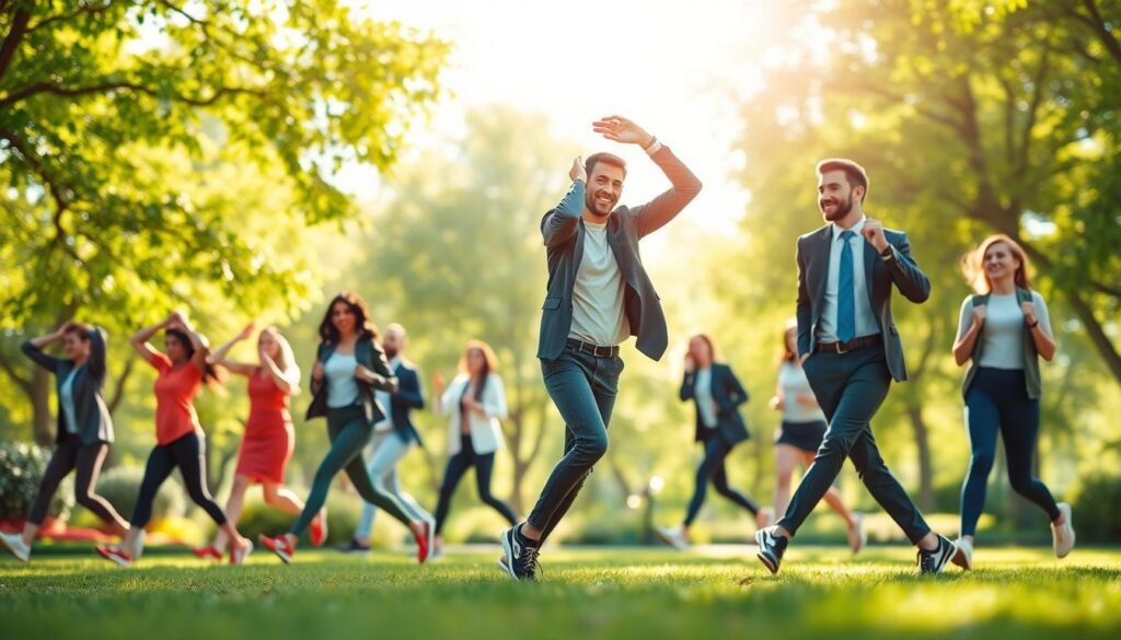 A vibrant and dynamic illustration showcasing the advantages of short exercise sessions for the body. In the foreground, portray a diverse group of individuals engaged in various brief workouts, such as stretching, bodyweight exercises, and brisk walking. They should be dressed in professional business attire or modest casual clothing to emphasize a healthy, active lifestyle. The middle ground features a lush park setting, with greenery and trees signifying nature and vitality. In the background, soft sunlight filters through the leaves, creating a warm and inviting atmosphere. Utilize a shallow depth of field to focus sharply on the individuals, while the background remains softly blurred. The image should radiate energy, motivation, and the positive effects of integrating short bursts of exercise throughout the day, aligned with the theme of treningdnia.pl. A vibrant and dynamic illustration showcasing the advantages of short exercise sessions for the body. In the foreground, portray a diverse group of individuals engaged in various brief workouts, such as stretching, bodyweight exercises, and brisk walking. They should be dressed in professional business attire or modest casual clothing to emphasize a healthy, active lifestyle. The middle ground features a lush park setting, with greenery and trees signifying nature and vitality. In the background, soft sunlight filters through the leaves, creating a warm and inviting atmosphere. Utilize a shallow depth of field to focus sharply on the individuals, while the background remains softly blurred. The image should radiate energy, motivation, and the positive effects of integrating short bursts of exercise throughout the day, aligned with the theme of treningdnia.pl.