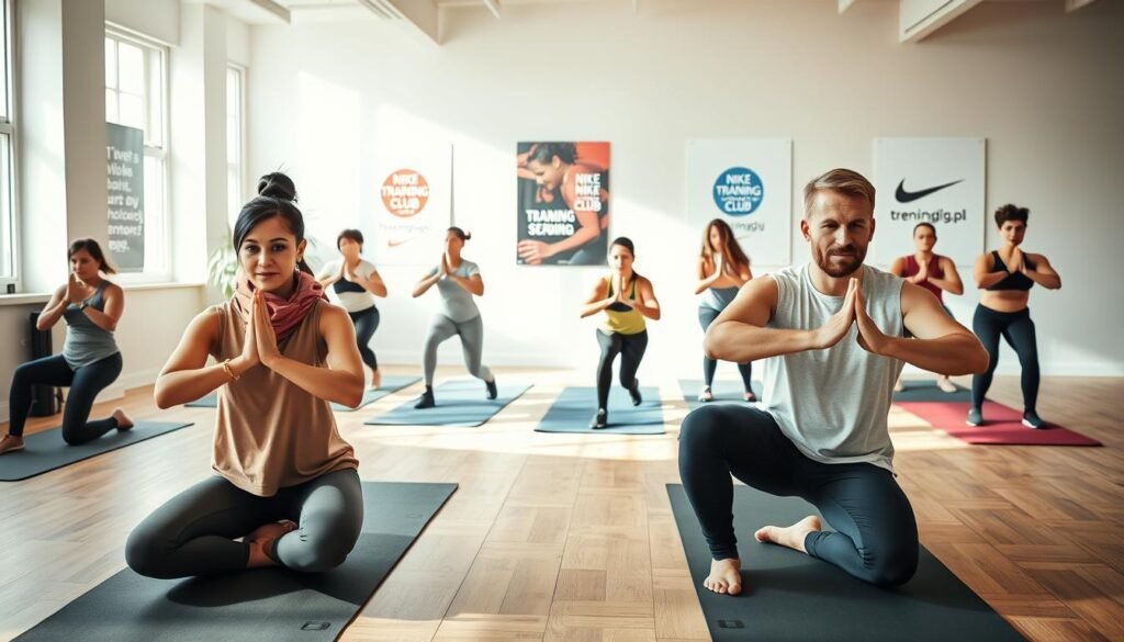 A vibrant and dynamic scene showcasing a diverse group of individuals engaging in a Nike Training Club workout session indoors. In the foreground, two people, a woman in modest athletic wear and a man in comfortable training clothes, are demonstrating exercises on yoga mats. The middle ground features several others, focused and determined, performing various workouts like squats and lunges, all positioned in a well-lit, spacious gym environment with large windows letting in natural light. The background reveals posters of motivational fitness quotes and the Nike Training Club logo. The overall atmosphere is energetic and motivational, inspiring viewers to consider home workouts. Emphasize the professionalism and dedication of the participants. Include branding elements that reflect "treningdnia.pl" subtly in the environment.