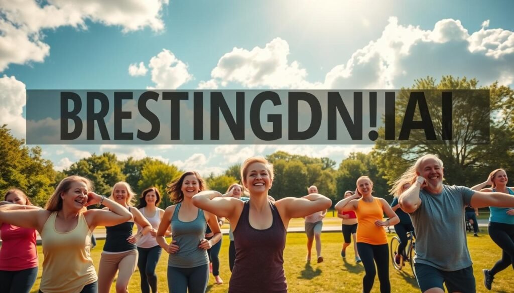 A vibrant and inspiring scene focused on motivation for physical activity. In the foreground, a diverse group of individuals in modest athletic wear, smiling and stretching, symbolizing readiness and enthusiasm for exercise. In the middle ground, a lush green park with joggers and cyclists, embodying movement and energy. The background features a bright blue sky with fluffy white clouds, creating an uplifting atmosphere. The sunlight casts warm, golden rays, enhancing the sense of optimism. The shot is taken with a wide-angle lens to capture the expansive environment and the dynamic actions of the participants. This image reflects the theme of breaking through resistance to physical activity and embodies the essence of "treningdnia.pl". A vibrant and inspiring scene focused on motivation for physical activity. In the foreground, a diverse group of individuals in modest athletic wear, smiling and stretching, symbolizing readiness and enthusiasm for exercise. In the middle ground, a lush green park with joggers and cyclists, embodying movement and energy. The background features a bright blue sky with fluffy white clouds, creating an uplifting atmosphere. The sunlight casts warm, golden rays, enhancing the sense of optimism. The shot is taken with a wide-angle lens to capture the expansive environment and the dynamic actions of the participants. This image reflects the theme of breaking through resistance to physical activity and embodies the essence of "treningdnia.pl".