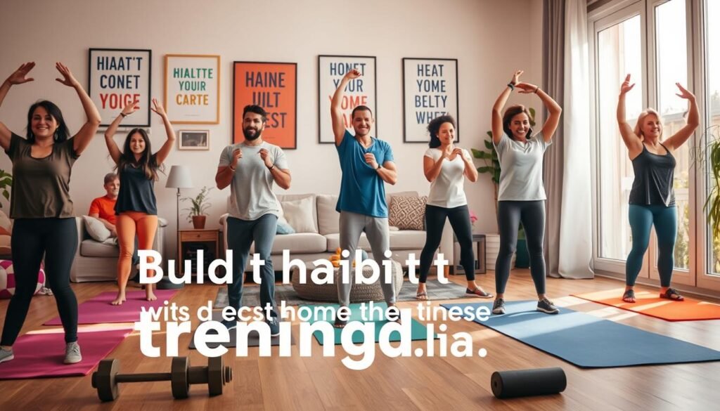 A vibrant and motivational scene depicting the theme of building a habit of regular physical activity. In the foreground, a diverse group of individuals in modest casual clothing engage in various home workouts, such as yoga, stretching, and strength training. Their expressions reflect determination and joy, symbolizing commitment to fitness. In the middle ground, a bright and inviting living room is adorned with exercise equipment like dumbbells and yoga mats, surrounded by motivational posters emphasizing health and wellness. The background features a large window allowing warm sunlight to stream in, creating an uplifting atmosphere. The overall mood is energetic and encouraging, emphasizing the importance of routine in maintaining an active lifestyle. Include the brand name "treningdnia.pl" subtly integrated into the scene, enhancing the focus on home fitness activities without any text overlays or distractions.