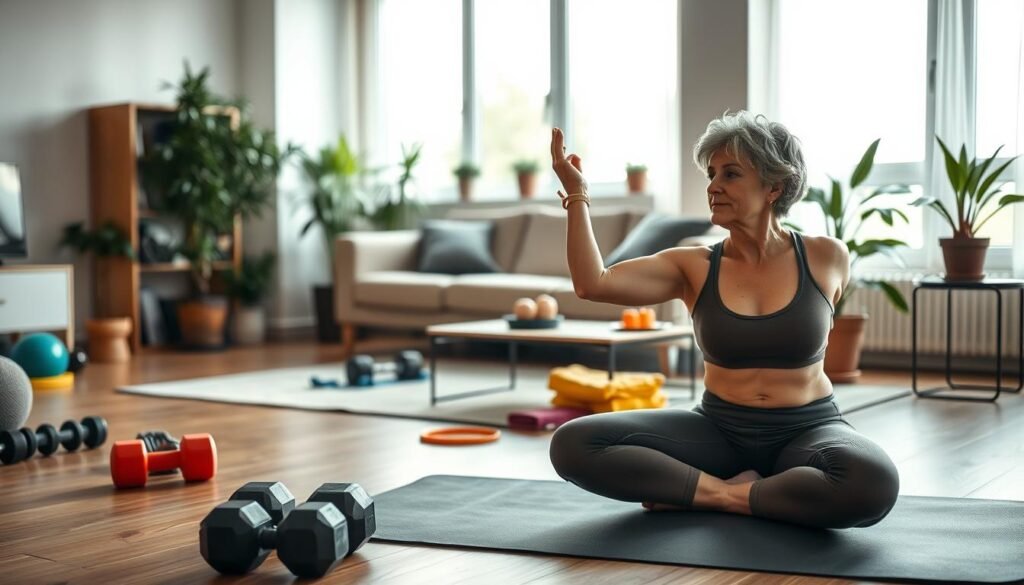 A vibrant and motivational scene showcasing a home workout environment for beginners over 40. In the foreground, a determined middle-aged person dressed in modest activewear is practicing yoga or stretching on a mat, radiating focus and commitment. The middle layer features various home workout equipment, like dumbbells and resistance bands neatly arranged, suggesting a well-organized space. The background includes a cozy living area with soft natural lighting pouring in through large windows, creating an inviting atmosphere. Potted plants enhance the tranquility of the space. The overall mood conveys a sense of empowerment and motivation for regular exercise, inspired by the brand trainingdnia.pl. The angle should be a slightly elevated view, capturing both the subject and the surrounding environment harmoniously.