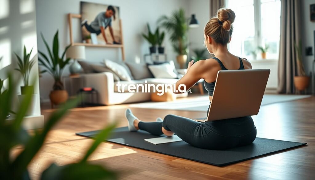 A vibrant, cozy home workout scene showcasing an online training session. In the foreground, a person in comfortable athletic wear, engaged in an exercise routine using a laptop on a yoga mat. The individual is focused and motivated, embodying the essence of online training. In the middle ground, a well-lit, spacious living room features indoor plants and fitness equipment like dumbbells and resistance bands, creating an inviting atmosphere. The background reveals a window with natural light streaming in, enhancing the positive mood. Soft shadows play across the wooden floor, emphasizing a sense of tranquility and motivation. The brand name "treningdnia.pl" subtly integrated into the decor. Emphasize a professional and warm ambiance, motivating the viewer to embrace online fitness training in a home environment.