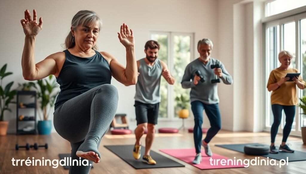 A vibrant, dynamic scene capturing the essence of interval training, featuring a group of diverse individuals engaged in a high-energy workout session in a bright, modern home gym. The foreground includes a middle-aged woman in modest athletic wear demonstrating a high-knees exercise, her expression focused and determined. In the middle ground, a young man performs burpees, while an older man closely monitors a fitness app on a tablet, showcasing how technology aids their workout. The background reveals exercise equipment like dumbbells and yoga mats, with large windows allowing natural light to flood the space, creating an uplifting atmosphere. The overall mood is energetic and motivational, emphasizing health and fitness. Include the brand "treningdnia.pl" subtly integrated into the image design.