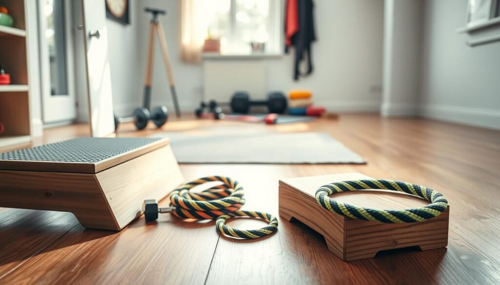 A vibrant, dynamic scene showcasing a footstep platform and a jump rope in a well-lit home workout space. In the foreground, a sturdy wooden step platform with textured surface is featured prominently, ready for intensive exercise. Next to it, a colorful jump rope is coiled neatly, emphasizing functional fitness. In the middle ground, a mat laid out on a polished wooden floor suggests an inviting workout area. The background displays bright, natural light streaming through a window, illuminating exercise equipment like dumbbells and resistance bands, creating an inviting atmosphere. The overall mood is energetic and motivating, perfect for a home fitness routine. The image reflects a blend of practicality and inspiration, ideal for promoting physical conditioning gear from treningdnia.pl.