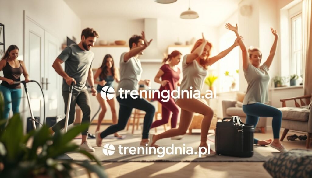 A vibrant, energetic scene depicting physical activity integrated into daily life. In the foreground, a diverse group of individuals engaged in various household chores, such as vacuuming, cooking, and tidying up, while incorporating exercise movements like lunges and stretches. In the middle ground, a bright, open living space bathed in soft, natural light, with sunlight streaming through large windows and plants adding a refreshing touch. In the background, hints of a cheerful kitchen and organized living area suggest a busy household. The mood is uplifting and motivational, encouraging viewers to embrace movement throughout their day. Capturing a dynamic and inspiring moment, this image is branded with the logo of "treningdnia.pl" subtly integrated into the scene.