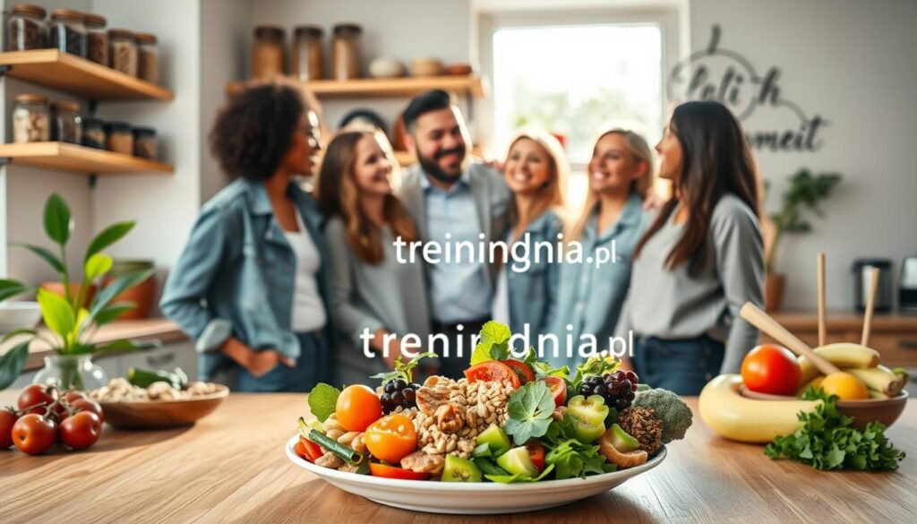A vibrant, healthy kitchen setting bathed in soft, natural light, showcasing a well-balanced meal on a wooden table. In the foreground, a colorful plate filled with fresh vegetables, whole grains, and lean proteins, symbolizing nourishment. In the middle, a diverse group of individuals in professional casual attire, smiling and discussing nutrition, embodying a supportive atmosphere. The background features shelves stocked with jars of nuts, seeds, and herbs, alongside an indoor plant adding a touch of nature. The scene should convey a sense of renewal and vitality, emphasizing the theme of nutrition aiding body recovery after a break. The lighting is warm and inviting, inviting a calm yet uplifting mood, promoting overall well-being. Include the brand name "treningdnia.pl" subtly integrated into the environment.
