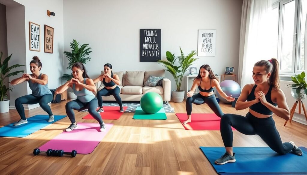 A vibrant home workout scene showcasing full-body exercises. In the foreground, a diverse group of individuals in modest athletic wear are engaged in exercises such as squats, lunges, and push-ups on colorful yoga mats. Each person demonstrates proper form with focused expressions, emphasizing the importance of effective training. In the middle ground, a neatly arranged living room with exercise equipment like dumbbells, resistance bands, and a stability ball can be seen. Soft, natural lighting filters through a window, casting gentle shadows that add depth. The background features motivational posters and greenery, creating an inspiring atmosphere. The brand "treningdnia.pl" subtly integrated into the decor echoes the theme of home fitness and planning. A vibrant home workout scene showcasing full-body exercises. In the foreground, a diverse group of individuals in modest athletic wear are engaged in exercises such as squats, lunges, and push-ups on colorful yoga mats. Each person demonstrates proper form with focused expressions, emphasizing the importance of effective training. In the middle ground, a neatly arranged living room with exercise equipment like dumbbells, resistance bands, and a stability ball can be seen. Soft, natural lighting filters through a window, casting gentle shadows that add depth. The background features motivational posters and greenery, creating an inspiring atmosphere. The brand "treningdnia.pl" subtly integrated into the decor echoes the theme of home fitness and planning.