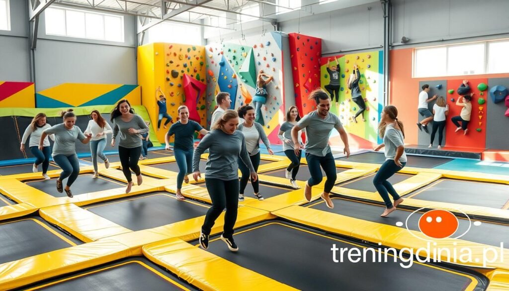 A vibrant indoor activity center featuring a large trampoline area with multiple trampolines and colorful climbing walls. In the foreground, a group of adults in modest casual attire are enjoying themselves as they jump and interact playfully on the trampolines. The middle ground showcases several climbing walls with varied difficulty levels, where others are climbing with enthusiasm and focused expressions. The background includes bright, colorful decorations and soft matting for safety. Soft, natural lighting streams in from windows, creating an inviting atmosphere. The mood is energetic and fun, encouraging physical activity. Include the logo of "treningdnia.pl" subtly in the corner of the image to enhance branding without distraction.