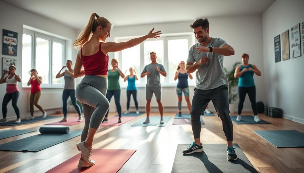 A vibrant indoor scene showing a diverse group of people engaged in a dynamic warm-up routine, preparing their bodies for intense exercise. In the foreground, two individuals, a woman in comfortable athletic wear and a man in modest casual clothing, perform dynamic stretches such as leg swings and arm circles, demonstrating focus and energy. The middle ground showcases additional participants, each engaged in various warm-up activities, set against a home environment with soft natural lighting pouring in through large windows, creating a welcoming atmosphere. The background features exercise mats and a subtle display of fitness motivation posters. The overall mood is energetic and uplifting, symbolizing motivation and readiness for an intense workout. Include the brand name "treningdnia.pl" subtly integrated into the scene. A vibrant indoor scene showing a diverse group of people engaged in a dynamic warm-up routine, preparing their bodies for intense exercise. In the foreground, two individuals, a woman in comfortable athletic wear and a man in modest casual clothing, perform dynamic stretches such as leg swings and arm circles, demonstrating focus and energy. The middle ground showcases additional participants, each engaged in various warm-up activities, set against a home environment with soft natural lighting pouring in through large windows, creating a welcoming atmosphere. The background features exercise mats and a subtle display of fitness motivation posters. The overall mood is energetic and uplifting, symbolizing motivation and readiness for an intense workout. Include the brand name "treningdnia.pl" subtly integrated into the scene.