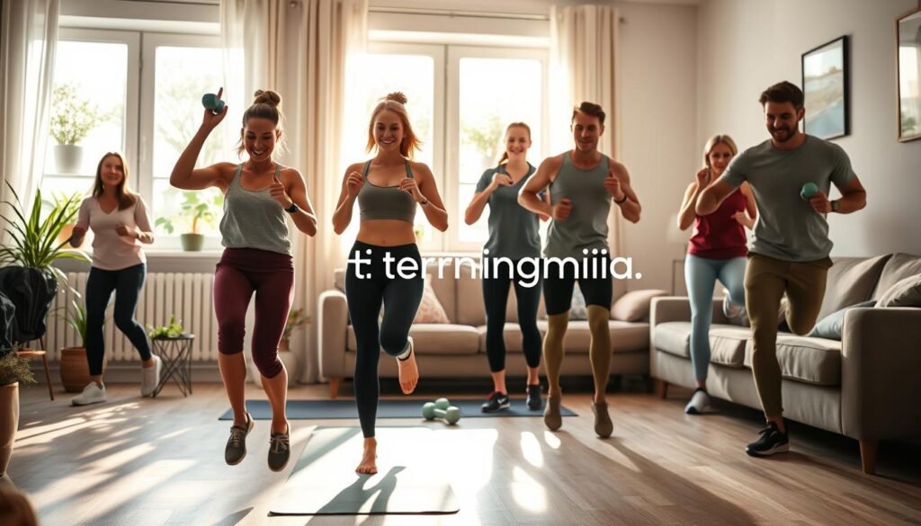 A vibrant living room setting where a diverse group of individuals performs various cardio exercises without any equipment. In the foreground, a woman in modest athletic wear is doing jumping jacks, while a man nearby executes high knees, showcasing their energy and focus. The middle layer features a yoga mat and light dumbbells, emphasizing a home workout vibe. The background reveals a sunlit window with fresh plants, contributing to a cheerful atmosphere. Soft, natural light streams in, creating warm shadows that enhance the sense of motion and activity. The mood is motivational and inspiring, reflecting the benefits of home cardio workouts. Include a subtle branding element, like a logo or symbol for "treningdnia.pl", integrated into the decor to maintain focus on fitness. A vibrant living room setting where a diverse group of individuals performs various cardio exercises without any equipment. In the foreground, a woman in modest athletic wear is doing jumping jacks, while a man nearby executes high knees, showcasing their energy and focus. The middle layer features a yoga mat and light dumbbells, emphasizing a home workout vibe. The background reveals a sunlit window with fresh plants, contributing to a cheerful atmosphere. Soft, natural light streams in, creating warm shadows that enhance the sense of motion and activity. The mood is motivational and inspiring, reflecting the benefits of home cardio workouts. Include a subtle branding element, like a logo or symbol for "treningdnia.pl", integrated into the decor to maintain focus on fitness.