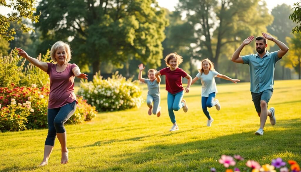 A vibrant morning scene depicting a group of diverse individuals engaging in light exercise in a park setting, highlighting the benefits of short mobility routines. In the foreground, a middle-aged woman in modest activewear performs gentle stretches, while a young man nearby is practicing yoga poses. In the middle ground, two children are playfully jumping and running, embodying energy and joy. Lush greenery and colorful flowers frame the background, with a soft morning light casting a warm glow on the scene, suggesting freshness and vitality. The atmosphere feels uplifting and motivating, capturing the essence of "treningdnia.pl" with an emphasis on health and movement. The composition should be shot from a slightly low angle, enhancing the sense of dynamism in the exercises.