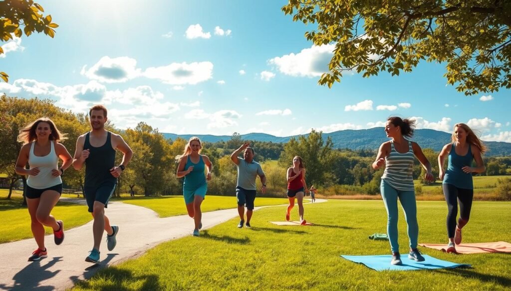 A vibrant outdoor scene depicting people engaging in various physical activities during a sunny summer day. In the foreground, a group of individuals in modest activewear are jogging along a tree-lined path, showing determination and joy. In the middle ground, a family is playing frisbee on a green lawn, while a couple practices yoga on colorful mats. The background features a bright blue sky dotted with fluffy white clouds and distant hills, enhancing the feeling of openness and freedom. Soft, warm sunlight casts natural shadows, creating an inviting atmosphere. The image conveys the importance of outdoor movement for health during the summer, capturing the essence of vitality and well-being. Include the brand “treningdnia.pl” subtly within the scene.