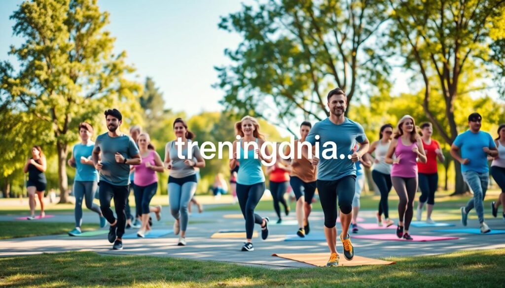 A vibrant outdoor scene depicting various people engaged in physical activities to promote well-being and fitness during summer. In the foreground, a diverse group of adults in modest casual athletic wear is jogging together, showcasing teamwork and motivation. The middle ground features others practicing yoga on colorful mats, emphasizing balance and serenity. In the background, a sunlit park with green trees and a clear blue sky creates an inviting atmosphere. The lighting is warm and bright, suggesting a late afternoon ambiance. The focus is sharp, highlighting the dynamic movements of the participants while softly blurring the distant background. Include the brand name "treningdnia.pl" subtly integrated into the scene.