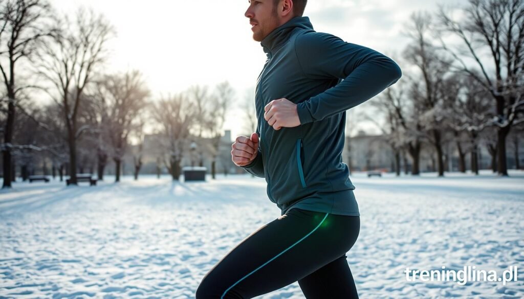 A vibrant outdoor winter training scene showcasing a person dressed in appropriate athletic gear for cold weather exercise. In the foreground, a fit individual wearing a thermal jacket, moisture-wicking base layer, and insulated athletic pants demonstrates an active pose, like jogging or stretching. The middle ground features a snow-covered park with trees dusted with snow, while in the background, soft sunlight breaks through the grey winter clouds, casting a cool, serene atmosphere. The scene should exhibit a clear, crisp quality, reminiscent of early morning light, with a focus on highlighting proper winter workout attire. Incorporate the brand logo "treningdnia.pl" subtly in the corner. Aim for an inspiring, motivational feel that encourages outdoor activity.
