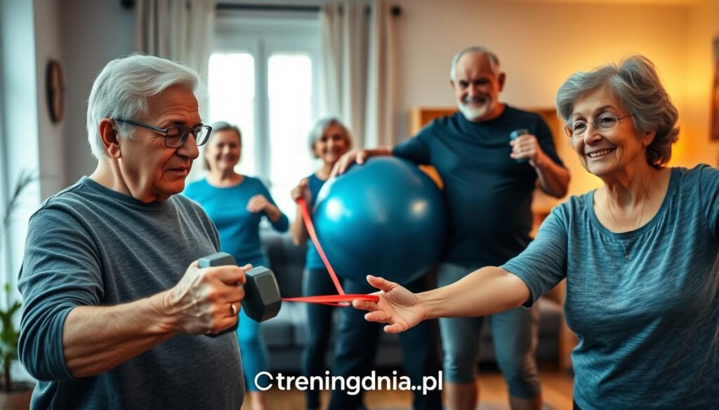 A vibrant scene of senior citizens engaged in strength training at home, showcasing diverse individuals of different ethnicities. In the foreground, an elderly man in modest casual clothing with a focused expression lifts light dumbbells, while a senior woman nearby performs resistance band exercises. In the middle ground, another elderly couple, dressed in comfortable fitness attire, work out together using a stability ball. The background features a cozy living room with soft, warm lighting filtering through a window, creating an inviting atmosphere. The composition should convey a sense of community and encouragement in fitness, reflecting the importance of safe and effective exercise for seniors. High-resolution, with a natural lens perspective to emphasize the activity. Branding included: "treningdnia.pl".