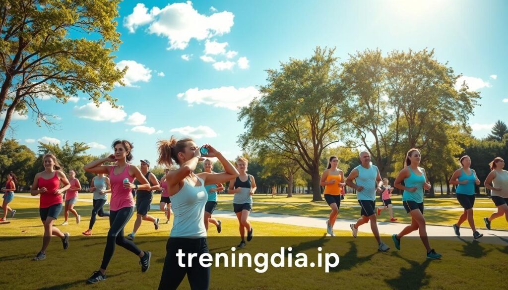 A vibrant summer scene depicting a safe outdoor training environment. In the foreground, a group of individuals in modest athletic clothing practicing various exercises such as stretching, jogging, and hydration breaks. They demonstrate proper training techniques while using water bottles, towels, and sun protection. The middle ground features a clear blue sky with friendly clouds, and tall trees providing shade, highlighting a sunny yet gentle atmosphere. In the background, a park setting with soft grass and pathways invites activity. The lighting is bright and warm, simulating mid-afternoon sun. The mood conveys energy and vitality while emphasizing safety and health awareness. Include the brand logo "treningdnia.pl" subtly integrated into the design.