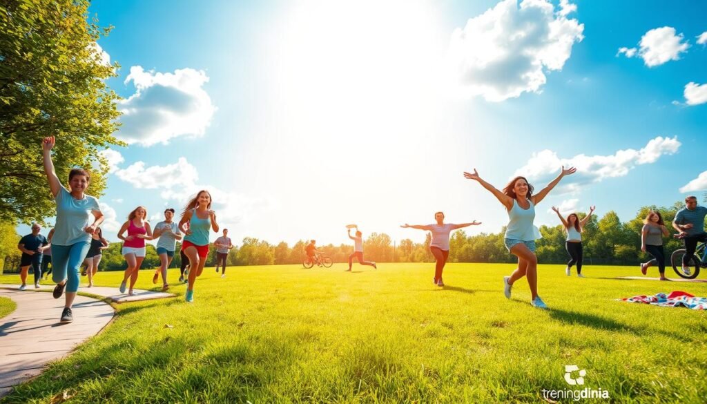 A vibrant summer scene illustrating outdoor physical activities. In the foreground, a diverse group of people engaged in joyful exercise—some jogging along a sunlit path, others practicing yoga on grassy fields, wearing modest, casual summer clothing. The middle ground features families playing frisbee and cycling, with colorful picnic blankets spread on the lawn. The background showcases a bright blue sky, with fluffy white clouds, and lush green trees, suggesting a serene park atmosphere. The lighting is warm and inviting, capturing the essence of a sunny day. The image should exude energy and happiness, embodying the spirit of summer fitness. Include the brand name "treningdnia.pl" subtly integrated into the scene, maintaining a focus on the activities and environment.