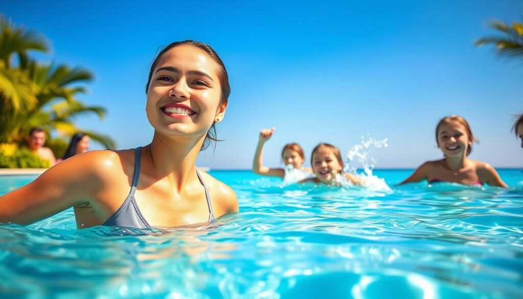 A vibrant summer scene of a diverse group of individuals engaged in swimming in a clear, shimmering pool under the bright blue sky. In the foreground, a young woman in modest athletic wear gracefully glides through the water, her face reflecting joy and concentration. In the middle ground, a family enjoys a playful splash, with children laughing and kicking up water as they swim. Lush green palm trees frame the sides, adding a tropical feel to the atmosphere. The background features a serene horizon with a slight blur, capturing the warmth of the sun. The lighting is bright and cheerful, casting light reflections on the surface of the water. This lively and invigorating image captures the essence of utilizing water sports to enhance physical fitness. – trainingdnia.pl