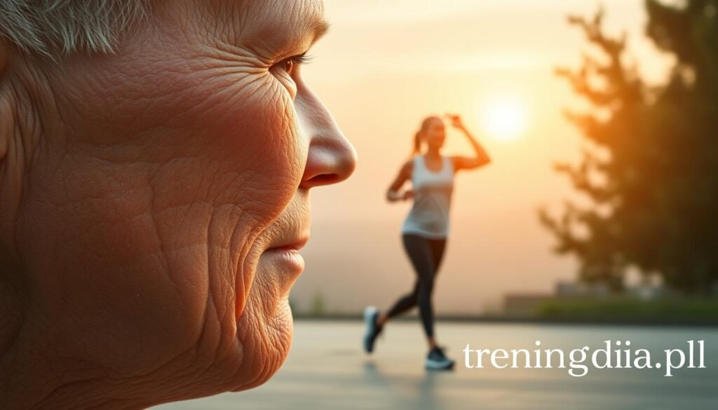 A visual representation of declining collagen production over the years, illustrating the physiological changes after age thirty, forty, and fifty. In the foreground, a healthy human skin texture with visible layers, demonstrating elasticity and firmness shifting to a more aged appearance with fine lines and wrinkles. The middle ground features a silhouette of a mature person engaging in gentle exercise, dressed in modest, professional athletic attire, symbolizing the importance of movement. The background shows soft, diffused lighting reminiscent of a calm sunset, creating a reflective, somber mood. Additionally, elements such as fading collagen fibers subtly integrated into the environment enhance the theme of physiological changes. Ensure the brand name "treningdnia.pl" is included in a discreet, elegant manner.