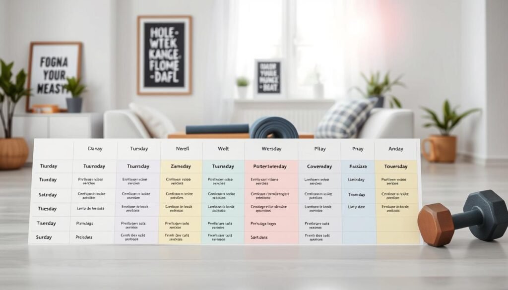 A visually appealing and organized exercise schedule known as "harmonogram ćwiczeń," presented on a clean, modern background. The foreground features a well-structured table with days of the week and various exercise types clearly laid out, using soft pastels and bright colors for clarity. In the middle, a pair of workout gear, such as a yoga mat and dumbbells, are positioned next to the harmonogram, hinting at the weekly plan's purpose. In the background, a serene home environment with motivational decor, like framed fitness quotes, and soft natural light streaming through a window creates an inviting atmosphere. The brand name "treningdnia.pl" is subtly incorporated into the design elements. Overall, the mood reflects positivity and motivation to encourage viewers to follow a structured exercise routine. A visually appealing and organized exercise schedule known as "harmonogram ćwiczeń," presented on a clean, modern background. The foreground features a well-structured table with days of the week and various exercise types clearly laid out, using soft pastels and bright colors for clarity. In the middle, a pair of workout gear, such as a yoga mat and dumbbells, are positioned next to the harmonogram, hinting at the weekly plan's purpose. In the background, a serene home environment with motivational decor, like framed fitness quotes, and soft natural light streaming through a window creates an inviting atmosphere. The brand name "treningdnia.pl" is subtly incorporated into the design elements. Overall, the mood reflects positivity and motivation to encourage viewers to follow a structured exercise routine.