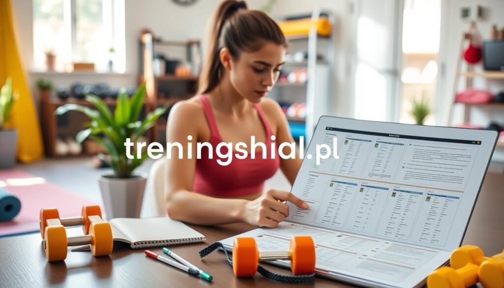 A visually appealing workspace showcasing a detailed training plan on a desk, with a laptop open to a fitness app and a notepad filled with workout schedules. In the foreground, a focused individual dressed in modest casual athletic wear is studying the plan, surrounded by colorful fitness equipment like dumbbells and a yoga mat. The middle ground features a plant to add a touch of nature, while the background highlights a well-organized home gym with light coming through a window, creating a bright and motivating atmosphere. The overall mood is inspirational and energetic, reflecting a commitment to building workout habits. The brand name "treningdnia.pl" should subtly appear in the scene as part of the digital material. The image should be bright and inviting, with soft, natural lighting enhancing the workspace. A visually appealing workspace showcasing a detailed training plan on a desk, with a laptop open to a fitness app and a notepad filled with workout schedules. In the foreground, a focused individual dressed in modest casual athletic wear is studying the plan, surrounded by colorful fitness equipment like dumbbells and a yoga mat. The middle ground features a plant to add a touch of nature, while the background highlights a well-organized home gym with light coming through a window, creating a bright and motivating atmosphere. The overall mood is inspirational and energetic, reflecting a commitment to building workout habits. The brand name "treningdnia.pl" should subtly appear in the scene as part of the digital material. The image should be bright and inviting, with soft, natural lighting enhancing the workspace.
