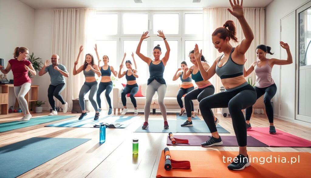 A visually captivating image that illustrates the key benefits of HIIT (High-Intensity Interval Training). In the foreground, a diverse group of individuals in modest athletic wear eagerly engaging in a HIIT workout session at home, showcasing a range of exercises like jumping jacks, burpees, and squat thrusts. In the middle ground, there are workout mats, resistance bands, and water bottles neatly arranged, emphasizing the home workout environment. The background features a cozy living room with natural light streaming in through large windows, creating a bright and motivating atmosphere. The overall mood is energetic and inspiring, reflecting the dynamic nature of HIIT. Use rich, vibrant colors to enhance visual appeal, ensuring the scene conveys the excitement and effectiveness of regular interval training. Include a subtle logo for "treningdnia.pl" discreetly integrated into the corner.