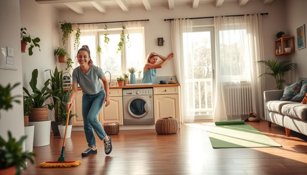 A warm and inviting home environment showcasing a variety of active habits in daily chores. In the foreground, a person in modest casual clothing is energetically sweeping the floor with a bright smile, embodying enthusiasm for housework. In the middle, a cozy kitchen filled with plants, where another individual is stretching while washing dishes, emphasizing movement. In the background, a living room with a soft glow of natural sunlight filtering through the windows, illuminating a yoga mat, signifying relaxation and fitness within home routines. The scene has a vibrant, uplifting atmosphere, reflecting the joy of integrating physical activity into everyday tasks. The composition focuses on showcasing active lifestyles, enhancing engagement with the concept of active habits in domestic duties. Perfect for "treningdnia.pl".