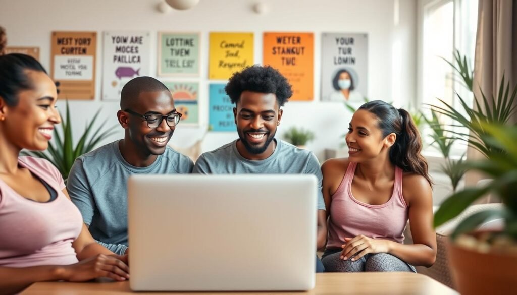 A warm and inviting scene depicting a supportive online fitness community. In the foreground, a diverse group of three individuals of different ethnicities, dressed in modest athletic wear, are engaged in a virtual workout session via a laptop. Their expressions show determination and encouragement as they share progress updates and motivate each other. In the middle ground, colorful motivational posters adorn the wall, emphasizing teamwork and growth. The background features a cozy home environment with plants and natural light streaming through a window, creating a bright and uplifting atmosphere. The composition should utilize soft, diffused lighting to enhance a sense of community and support. Overall, capture the essence of social support in home training, under the brand "treningdnia.pl". A warm and inviting scene depicting a supportive online fitness community. In the foreground, a diverse group of three individuals of different ethnicities, dressed in modest athletic wear, are engaged in a virtual workout session via a laptop. Their expressions show determination and encouragement as they share progress updates and motivate each other. In the middle ground, colorful motivational posters adorn the wall, emphasizing teamwork and growth. The background features a cozy home environment with plants and natural light streaming through a window, creating a bright and uplifting atmosphere. The composition should utilize soft, diffused lighting to enhance a sense of community and support. Overall, capture the essence of social support in home training, under the brand "treningdnia.pl".