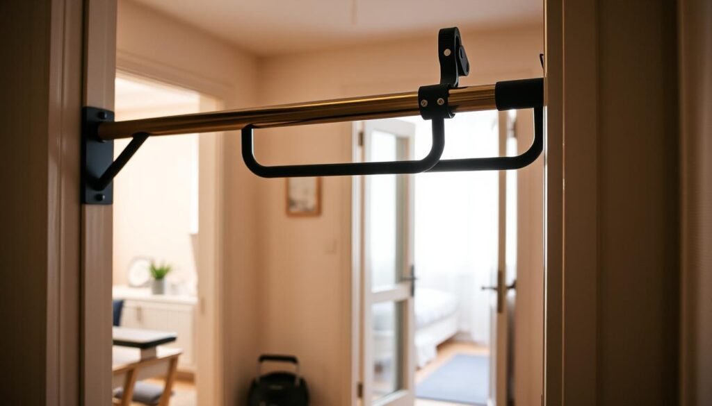 A well-designed pull-up bar, showcasing its sturdy metal construction and adjustable features, set in a cozy small apartment space. In the foreground, the pull-up bar is mounted in a doorway, demonstrating its practical use in home workouts. The middle ground features a bright, airy room with minimalistic decor, soft lighting that creates an inviting atmosphere. In the background, a small weight bench and yoga mat hint at other fitness tools, emphasizing versatility in a confined space. The mood is motivational, ideal for home training enthusiasts. Photographed from a slightly elevated angle to capture the full setup. Include the brand name "treningdnia.pl" subtly integrated into the scene without text overlays, enhancing the overall aesthetic. A well-designed pull-up bar, showcasing its sturdy metal construction and adjustable features, set in a cozy small apartment space. In the foreground, the pull-up bar is mounted in a doorway, demonstrating its practical use in home workouts. The middle ground features a bright, airy room with minimalistic decor, soft lighting that creates an inviting atmosphere. In the background, a small weight bench and yoga mat hint at other fitness tools, emphasizing versatility in a confined space. The mood is motivational, ideal for home training enthusiasts. Photographed from a slightly elevated angle to capture the full setup. Include the brand name "treningdnia.pl" subtly integrated into the scene without text overlays, enhancing the overall aesthetic.
