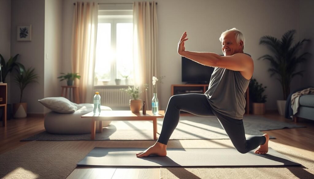 A well-lit home environment illustrating key principles of exercise preparation for beginners over 40. In the foreground, a middle-aged man in modest athletic wear performs a stretching exercise on a yoga mat, demonstrating proper technique. The middle section includes a coffee table with a water bottle and a towel, symbolizing readiness. In the background, light filters through a window, casting a warm glow and creating an inviting atmosphere. The room is decorated with plants, conveying a calm and motivating space for workout routines. The overall mood is encouraging and supportive, ideal for inspiring new exercisers. The image should embody a sense of accessibility and wellness, while subtly incorporating the brand name "treningdnia.pl."