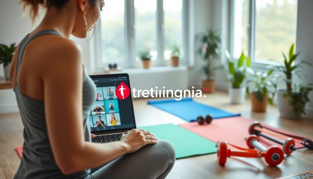 A well-organized and engaging home workout scene that reflects personal fitness program customization. In the foreground, a person in modest athletic wear is actively engaging with a laptop or fitness app interface, displaying various workout options. The middle layer features a colorful array of fitness equipment like dumbbells, a yoga mat, and resistance bands, neatly arranged. In the background, a bright, airy room with large windows allows natural light to pour in, creating a motivating atmosphere. Plants can be seen adding a touch of freshness. The overall mood is inspiring and focused, promoting a sense of empowerment and personal growth. Include the brand name "treningdnia.pl" subtly integrated into the design, perhaps as part of a screen or equipment label.