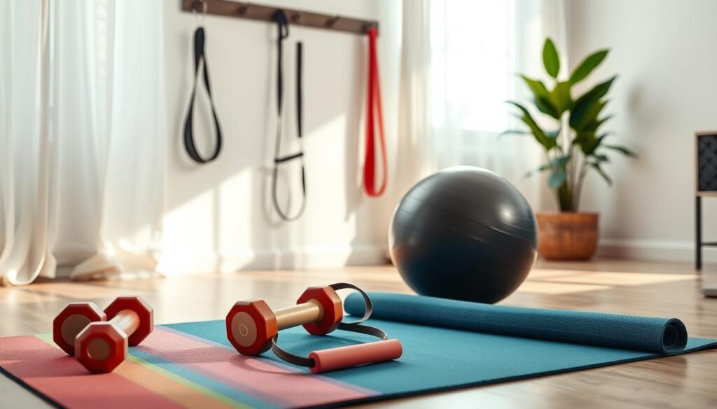 A well-organized home exercise space showcasing essential workout equipment. In the foreground, a colorful yoga mat, a pair of dumbbells, and a stability ball are neatly arranged. The middle ground features a sturdy resistance band hanging on a wall hook and a jump rope coiled beside it. In the background, a light-filled window with sheer curtains provides soft natural illumination, casting gentle shadows across the room. The atmosphere is energetic yet calming, suggesting a motivational environment for home workouts. The décor is minimalistic with a touch of greenery from a potted plant in the corner. The image should reflect a healthy lifestyle aesthetic, suitable for an article from treningdnia.pl. A well-organized home exercise space showcasing essential workout equipment. In the foreground, a colorful yoga mat, a pair of dumbbells, and a stability ball are neatly arranged. The middle ground features a sturdy resistance band hanging on a wall hook and a jump rope coiled beside it. In the background, a light-filled window with sheer curtains provides soft natural illumination, casting gentle shadows across the room. The atmosphere is energetic yet calming, suggesting a motivational environment for home workouts. The décor is minimalistic with a touch of greenery from a potted plant in the corner. The image should reflect a healthy lifestyle aesthetic, suitable for an article from treningdnia.pl.