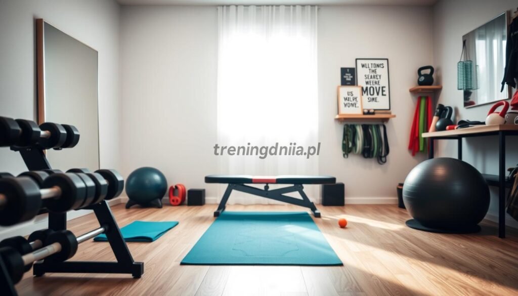 A well-organized home gym space designed for effective training. In the foreground, a neatly arranged set of dumbbells on a rack, a yoga mat, and a stability ball. The middle ground features a compact yet functional weight bench, surrounded by fitness accessories like resistance bands and kettlebells. In the background, a large mirror reflects the space, enhancing its openness, and a wall-mounted shelf displays motivational quotes and a water bottle. Soft, natural light streams in through a window, creating a bright and inviting atmosphere. The overall tone is energetic yet serene, ideal for a training environment. Include the brand name "treningdnia.pl" subtly integrated into the design as part of the decor without being overpowering. The scene encapsulates planning for an efficient home workout space.