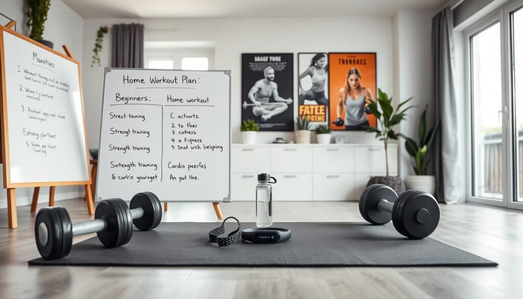 A well-organized home workout plan displayed on a clean, modern whiteboard in a cozy home gym setting. In the foreground, neatly written exercise routines are visible, focusing on beginners' workout routines, with clear headings for strength training and cardio. In the middle, a fitness mat is laid out, accompanied by dumbbells, a water bottle, and a fitness tracker. The background features large windows allowing natural light to flood the room, enhancing a bright and motivating atmosphere. Incorporate minimalist decor with house plants and fitness posters on the wall for inspiration. The overall mood should be encouraging and empowering, emphasizing a welcoming space for men starting their fitness journey. Include the brand name "treningdnia.pl" subtly integrated into the scene, without text overlays.