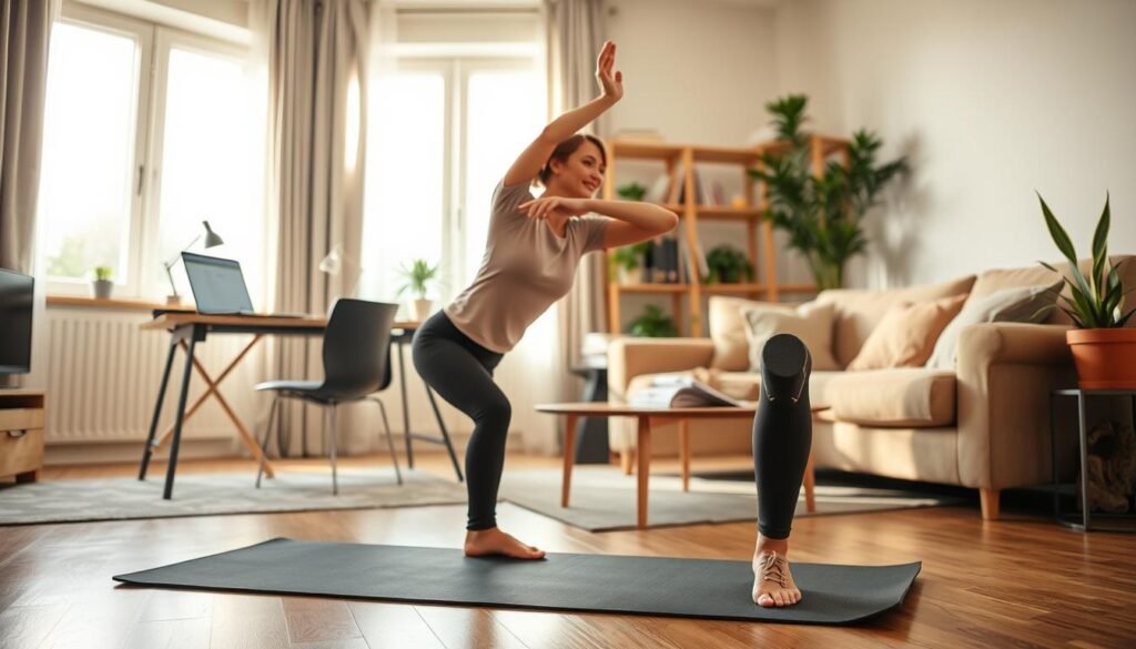 A well-organized home workout scene representing "ćwiczenia w domu" that effectively illustrates how to incorporate physical activity into a busy work schedule. In the foreground, a young adult in professional casual attire, such as a fitted t-shirt and comfortable leggings, performs a simple exercise like stretching or bodyweight squats on a yoga mat. In the middle, a tidy living room features a desk with a laptop and work materials, indicating a remote work environment. The background includes a cozy sofa and potted plants, suggesting a warm, inviting atmosphere. Soft, natural light filters through a nearby window, creating a bright and uplifting mood. Ensure the scene is professional and family-friendly. The brand "treningdnia.pl" should subtly resonate throughout the image.