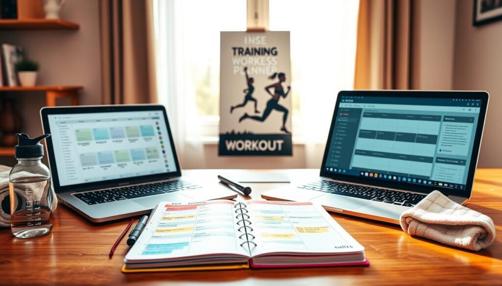 A well-organized home workout schedule displayed on a stylish wooden desk, with a laptop open showing a fitness planner application. In the foreground, a neatly arranged fitness journal with colorful tabs and motivational stickers, accompanied by a water bottle and a towel. In the middle, an inspirational wall poster featuring a silhouette of a person exercising, promoting positivity and dedication. The background includes a window letting in bright natural light, creating an uplifting atmosphere. The scene conveys motivation and planning, ideal for encouraging effective training routines. The setting is cozy and inviting, with soft shadows enhancing the warm ambiance. Include subtle branding elements of "treningdnia.pl" integrated into the fitness planner interface.
