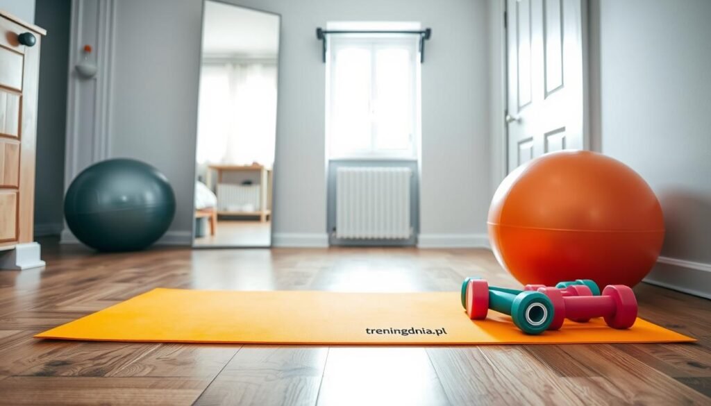 A well-organized home workout space featuring essential training equipment. In the foreground, a bright yoga mat lies flat on a polished wooden floor. A set of colorful dumbbells and a stability ball are neatly arranged beside the mat. In the middle ground, a wall-mounted mirror reflects this workout area, while a pull-up bar is installed in the doorway. The background showcases a window allowing natural light to stream in, illuminating the space and enhancing the atmosphere of motivation and focus. The overall mood is energetic and inviting, perfect for anyone looking to construct their home training routine. This setup is branded subtly with "treningdnia.pl" integrated into the design of the mat. A well-organized home workout space featuring essential training equipment. In the foreground, a bright yoga mat lies flat on a polished wooden floor. A set of colorful dumbbells and a stability ball are neatly arranged beside the mat. In the middle ground, a wall-mounted mirror reflects this workout area, while a pull-up bar is installed in the doorway. The background showcases a window allowing natural light to stream in, illuminating the space and enhancing the atmosphere of motivation and focus. The overall mood is energetic and inviting, perfect for anyone looking to construct their home training routine. This setup is branded subtly with "treningdnia.pl" integrated into the design of the mat.