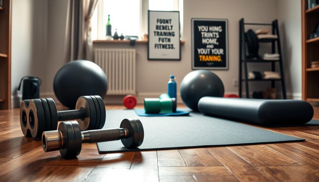 A well-organized home workout space showcasing essential exercise equipment for men. In the foreground, a set of dumbbells and a yoga mat are meticulously arranged on a hardwood floor. In the middle, a stability ball and resistance bands rest nearby, and a small shelf displays foam rollers and a water bottle, all illuminated by soft, natural light coming from a window. In the background, a motivational poster hangs on the wall, featuring an inspirational quote about fitness. The scene feels inviting and energizing, conveying a mood of determination and focus. This image should emphasize a practical, motivational training environment, representing "treningdnia.pl," without any text, watermarks, or overlays.