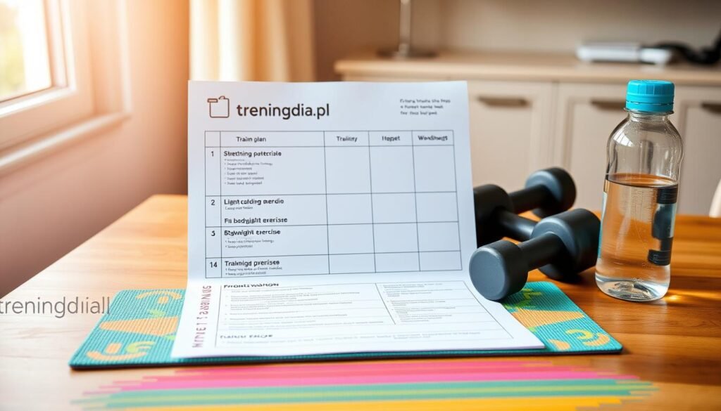 A well-organized training plan displayed on a wooden table, with a colorful exercise mat in the foreground. The plan, featuring simple workout routines like stretching, light cardio, and bodyweight exercises, is visually clear and appealing. In the background, soft morning light filters through a window, creating a warm and inviting atmosphere. A pair of dumbbells and a water bottle are neatly placed beside the plan, emphasizing a fitness-focused environment. The setting should feel motivating and accessible for beginners over 40, with no clutter and a sense of calm. Overall, the image reflects the brand "treningdnia.pl" and embodies the essence of beginner-friendly home workouts.