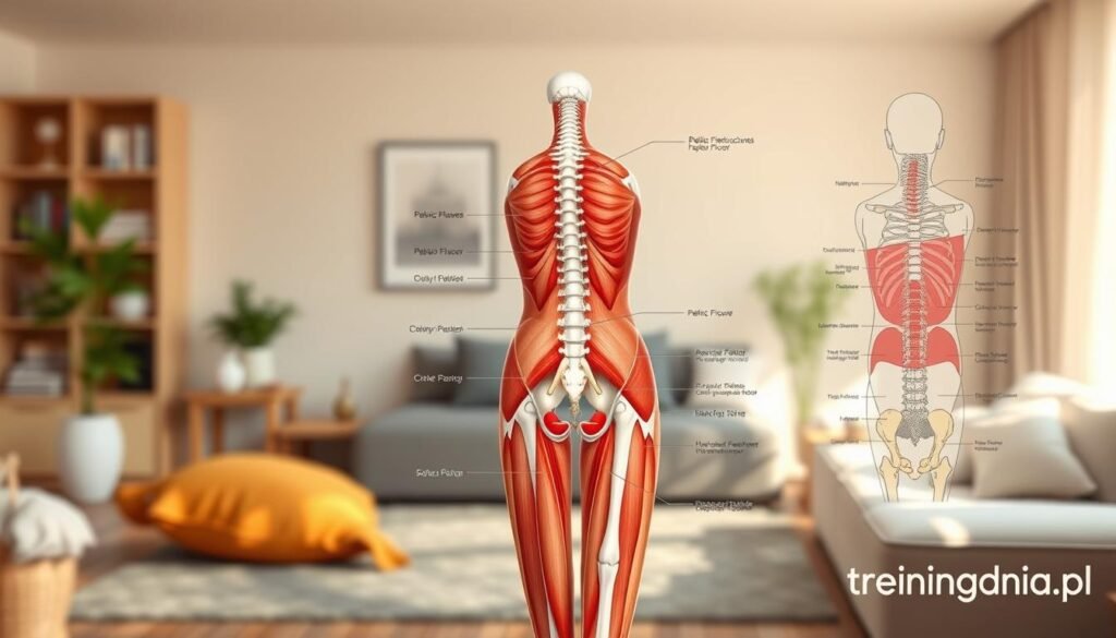An anatomical illustration focusing on the pelvic floor muscles, specifically highlighting their structure and function. In the foreground, detailed diagrams of the pelvic floor muscles, illustrated in vibrant colors, showing muscle fibers and connections. The middle ground features labeled anatomy of the surrounding structures, such as the pelvis and spine, artfully integrated to emphasize ergonomic principles. The background should have a soft focus on a home environment, symbolizing daily life, with warm, natural lighting to evoke a sense of comfort. The overall mood is informative and supportive. Include the brand name "treningdnia.pl" subtly in the corner. Use a clear, professional style, resembling a medical illustration, suitable for educational purposes.
