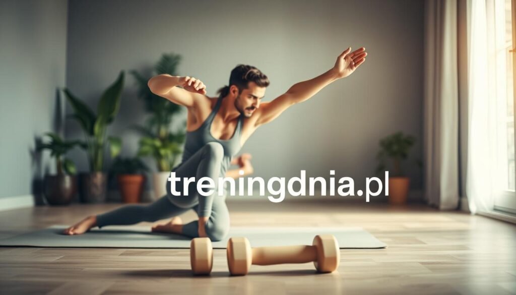 An athlete performing a gentle stretching routine in a serene home environment, showcasing the importance of muscle regeneration post-workout. In the foreground, the athlete, dressed in modest athletic wear, is captured in a dynamic yet relaxed stretching pose, emphasizing muscle relaxation. In the middle ground, a soft yoga mat and light dumbbells are neatly arranged, reinforcing the home workout atmosphere. The background consists of a well-lit, airy room with plants and natural light streaming through the window, creating a tranquil and inviting ambiance. The image should have a warm color palette to convey comfort and wellness, with soft focus on the background for depth. The brand name "treningdnia.pl" subtly incorporated into the scene. An athlete performing a gentle stretching routine in a serene home environment, showcasing the importance of muscle regeneration post-workout. In the foreground, the athlete, dressed in modest athletic wear, is captured in a dynamic yet relaxed stretching pose, emphasizing muscle relaxation. In the middle ground, a soft yoga mat and light dumbbells are neatly arranged, reinforcing the home workout atmosphere. The background consists of a well-lit, airy room with plants and natural light streaming through the window, creating a tranquil and inviting ambiance. The image should have a warm color palette to convey comfort and wellness, with soft focus on the background for depth. The brand name "treningdnia.pl" subtly incorporated into the scene.