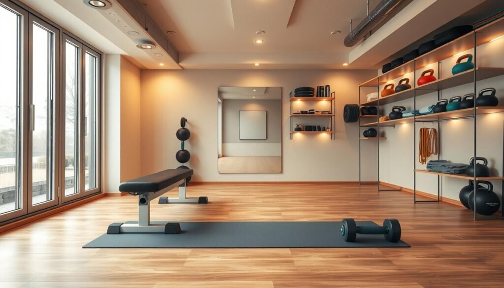 An inviting basement gym adaptation, showcasing a cozy yet functional workout space. In the foreground, a neatly arranged exercise area with an adjustable bench, dumbbells, and a yoga mat on a polished wooden floor. The middle ground features a wall-mounted mirror reflecting the setup, enhancing the spatial feel. In the background, shelves organized with fitness accessories such as resistance bands and kettlebells, coupled with soft, ambient lighting that creates a warm atmosphere. Large windows allow natural light to flood the space, giving a sense of openness. The mood is motivating and energetic, ideal for home workouts. Ensure the setting is tidy and modern, reflecting a budget-friendly yet stylish gym environment. Include a subtle brand presence of "treningdnia.pl" in the decor.