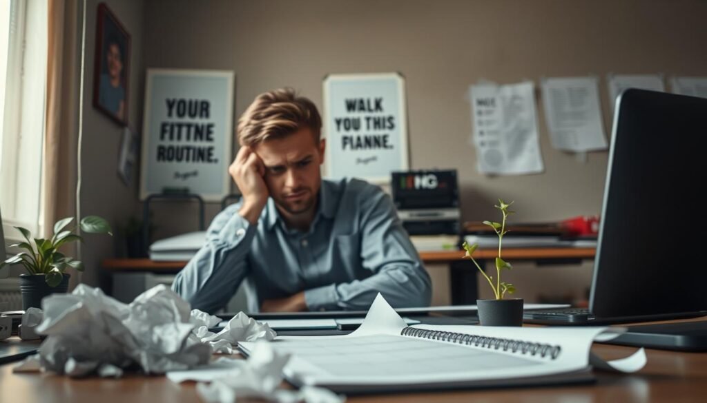 An office environment depicting a person sitting at a desk, visibly frustrated, surrounded by crumpled papers and an empty planner. In the foreground, their stressed expression shows the struggle with a lack of motivation and planning for a fitness routine. In the middle, a motivational poster on the wall is just out of focus, symbolizing the desire for change. The background features a cluttered workspace with a small plant trying to thrive, emphasizing growth amidst chaos. Soft, natural light streams in from a nearby window, creating a contrast between the person's dark mood and the warm light outside, suggesting hope. The overall atmosphere is one of introspection and the challenge of overcoming barriers, tying back to the theme of "treningdnia.pl."