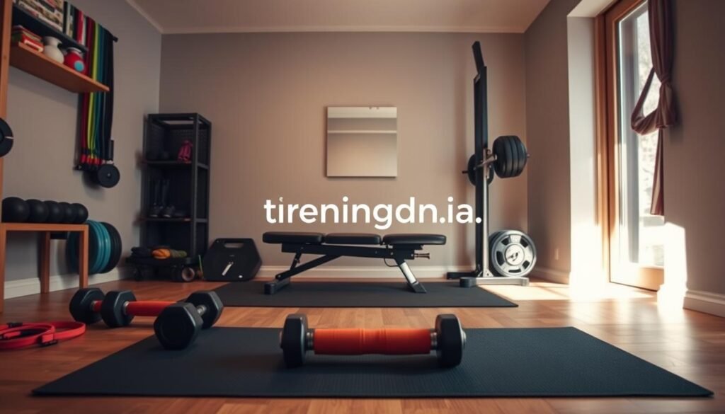 Create an image of a cozy home gym setup, showcasing a compact yet functional space suitable for a small budget. In the foreground, include a well-organized workout area featuring a yoga mat, dumbbells, and resistance bands neatly arranged. In the middle, place an adjustable weight bench and a sturdy squat rack against the wall, with a small wall mirror reflecting the gym equipment. The background should feature soft, natural lighting filtering through a window, illuminating the space with a warm glow, creating an inviting atmosphere. Use a wide-angle lens perspective to emphasize the gym's openness and functionality. The overall mood should be motivational and energizing, reflecting the theme of investing in a home gym. Include the brand name "treningdnia.pl" subtly integrated into the design.