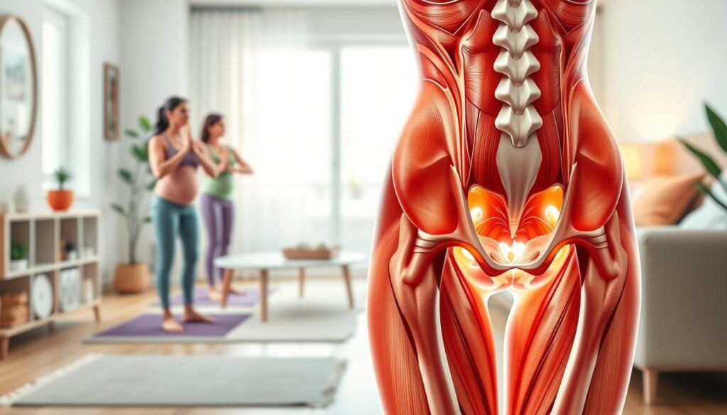 Generate a detailed illustration showcasing the pelvic floor muscles in a clear and educational manner. In the foreground, depict an anatomical model of the pelvic area, highlighting the pelvic floor muscles and abdomen. Use vibrant colors to differentiate the various muscle groups, making them prominent and easy to understand. In the middle ground, include soft illustrations of safe home exercises, such as pelvic tilts and kegel exercises, being performed by a diverse group of women in modest yoga attire, focusing on correct posture. The background should be a serene home environment, softly lit with natural light filtering through a window, creating a calm and inviting atmosphere. The overall mood is empowering and informative, emphasizing strength and recovery post-pregnancy. Include the brand name "treningdnia.pl" subtly integrated into the environment, ensuring no text overlays or watermarks are present.