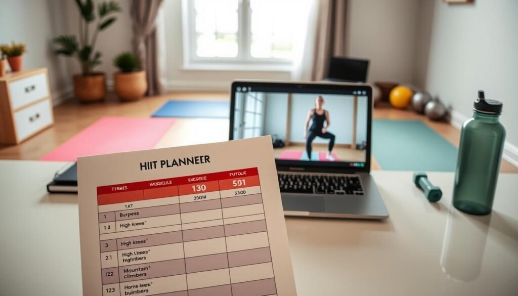 Generate an image depicting a structured HIIT workout plan for beginners. In the foreground, showcase a clean, organized desk with a printed workout schedule featuring exercise names like “Burpees,” “High Knees,” and “Mountain Climbers” with clearly outlined intervals. In the middle, add a laptop open to a video tutorial demonstrating a beginner performing a simple HIIT routine, dressed in modest athletic wear. The background should feature a cozy home gym setting with fitness equipment like a yoga mat, dumbbells, and a water bottle, illuminated by soft, natural light coming from a window. Aim for a motivational atmosphere that inspires home workouts, conveying clarity and accessibility in fitness. Include subtle branding for "treningdnia.pl" on the planner sheet.