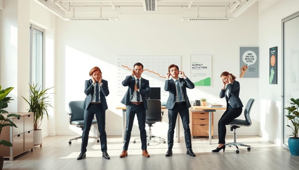 Illustrate common mistakes people make when trying to increase their daily activity, focusing on a group of professional adults in a well-lit office environment. In the foreground, depict three individuals in modest business attire, looking confused while attempting various exercises, such as stretching and using a standing desk. In the middle ground, show a chart with downward trends depicting reduced activity levels. The background features a bright, airy office space with motivational posters about healthy living, including a subtle nod to "treningdnia.pl" as part of the decor. Use natural lighting to create a positive yet contemplative atmosphere, capturing the struggle and frustration while maintaining an uplifting vibe that emphasizes personal growth and motivation.